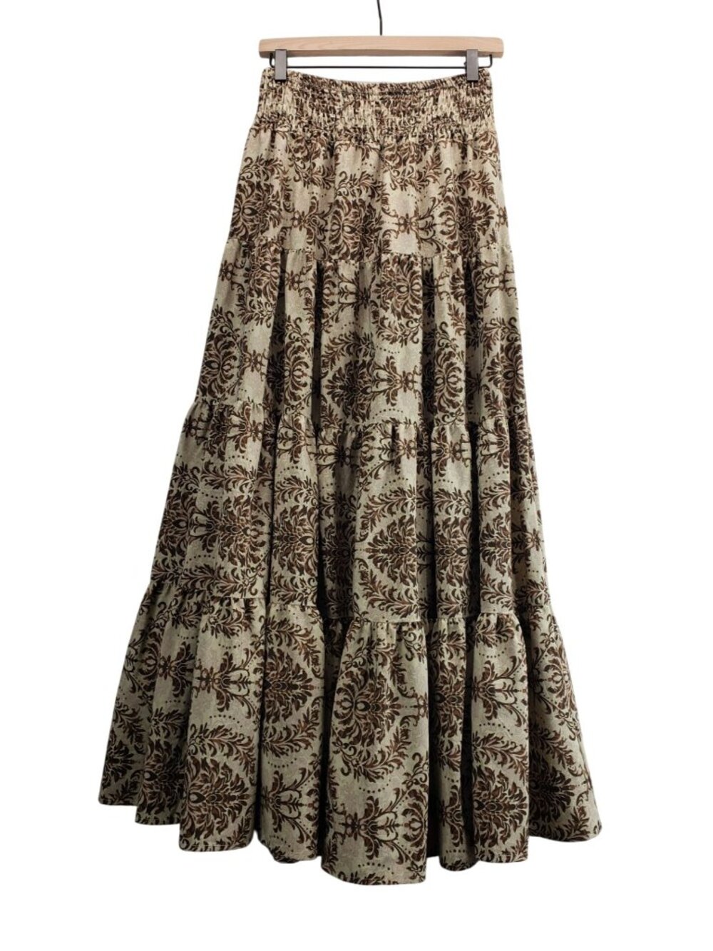 Maxi Boho Tiered Skirt M Shein Beige Brown Damask Print Smocked Elastic Waist - Picture 7 of 12
